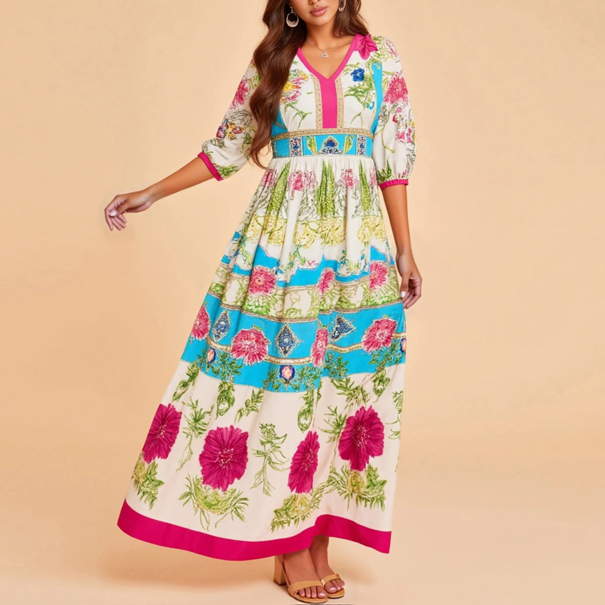 Rafiah Autumn Arabian Long Dress 2025 Casual Daily Floral V-Neck Lantern Sleeve High Neck
Midi A-Line Shift Dresses
For Women