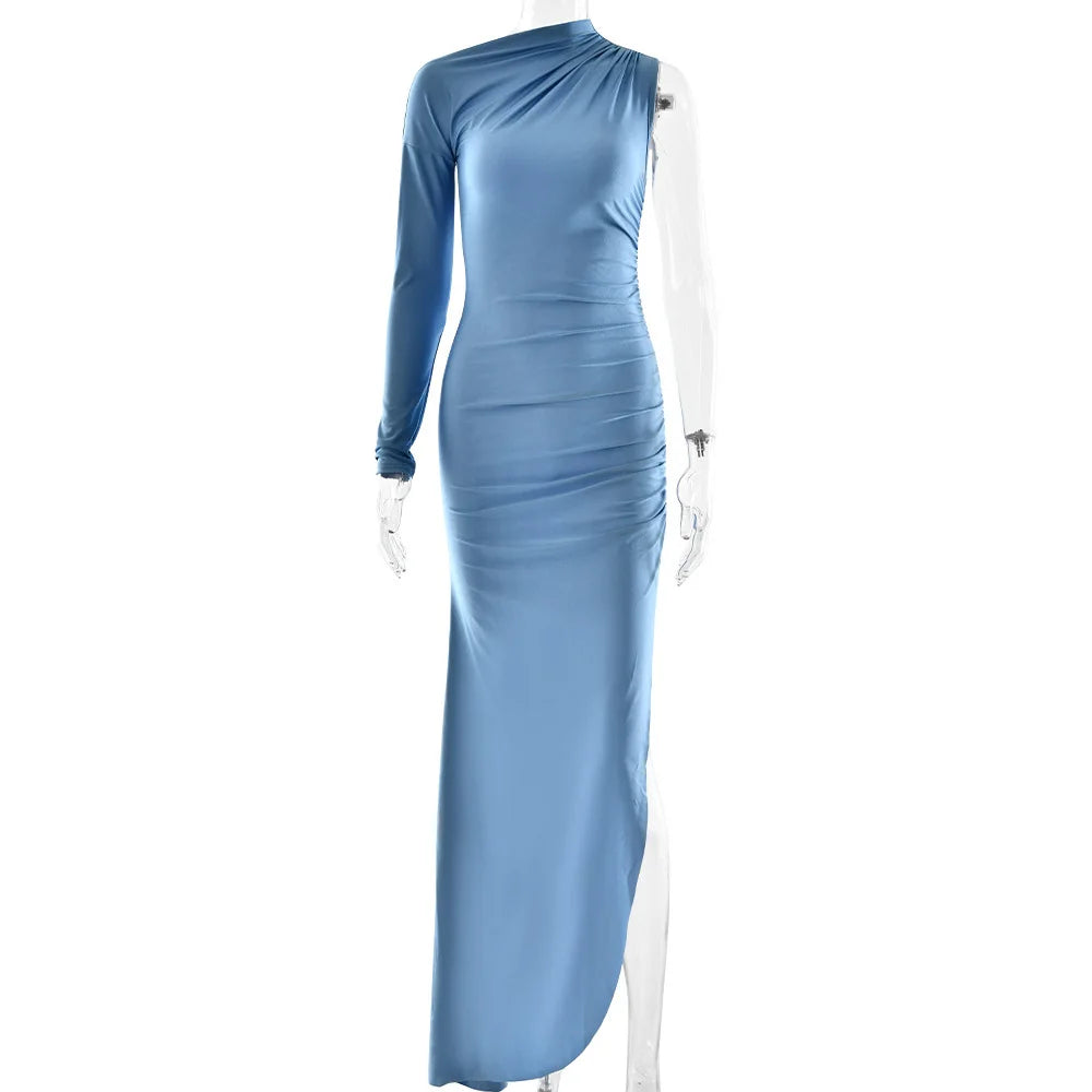 Articat Elegant Single Sleeve High Elasticity Tight Fold Dress Women New 2025 Winter Party Club Evening Dress Bodycon Vestdos