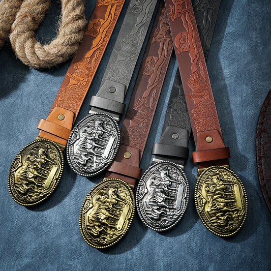 Men & Women-Western-Cowboy-PU Leather-Belts - Vintage Belt Floral Engraved Buckle Belt for Jeans