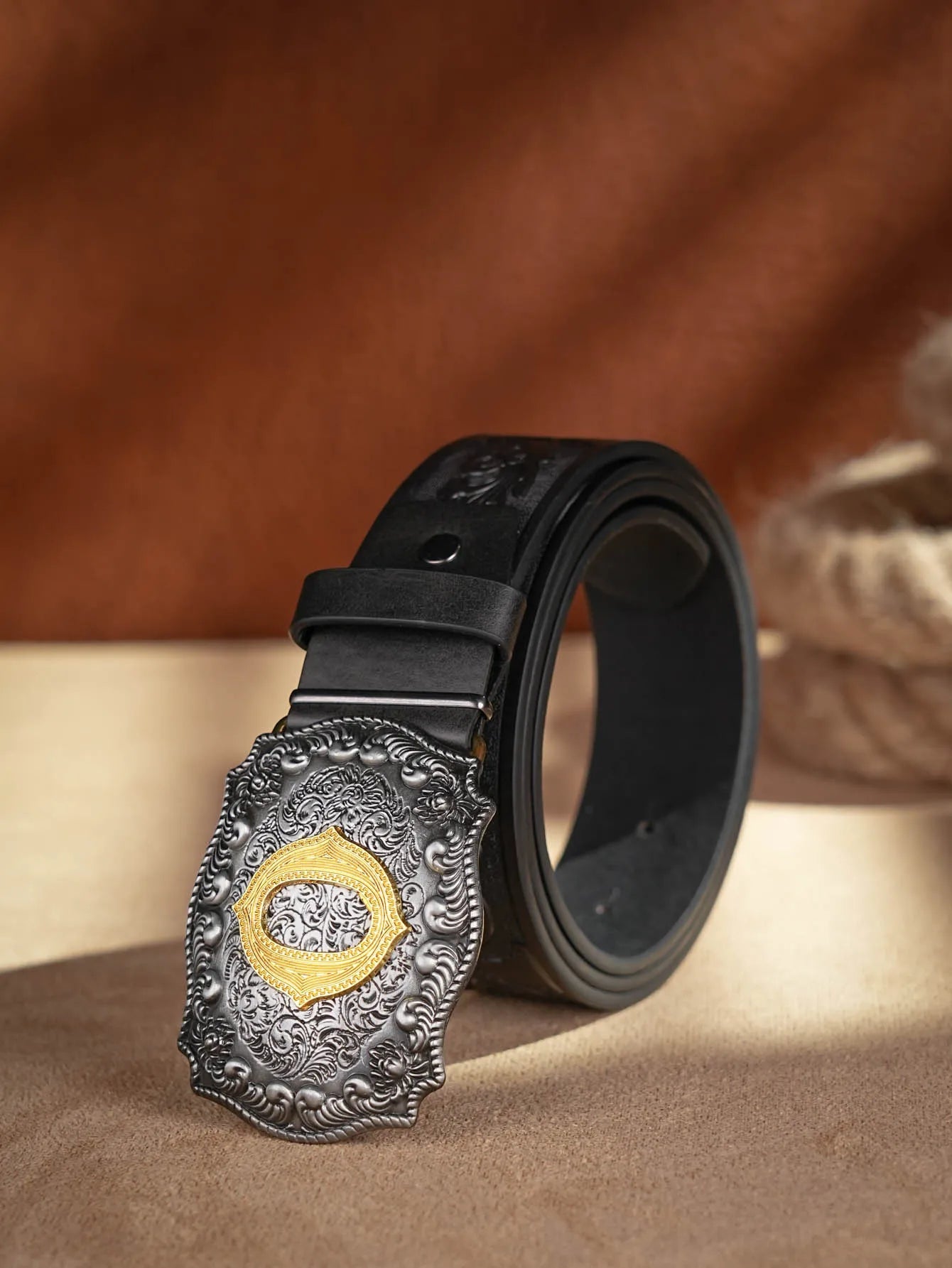 Western Cowboy PU Leather Belt - Men Waist Strap Bull Decoration Floral Engraved for Jeans