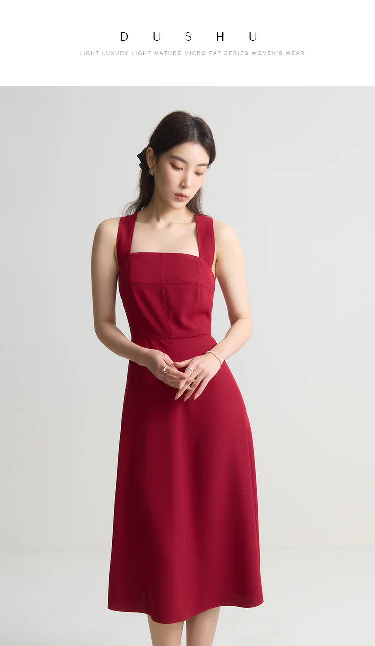 DUSHU French Style Suspender Dress for Women Summer Chic Style Red Square Collar Slim Mid-length Elegant Dress Female 24DS82114