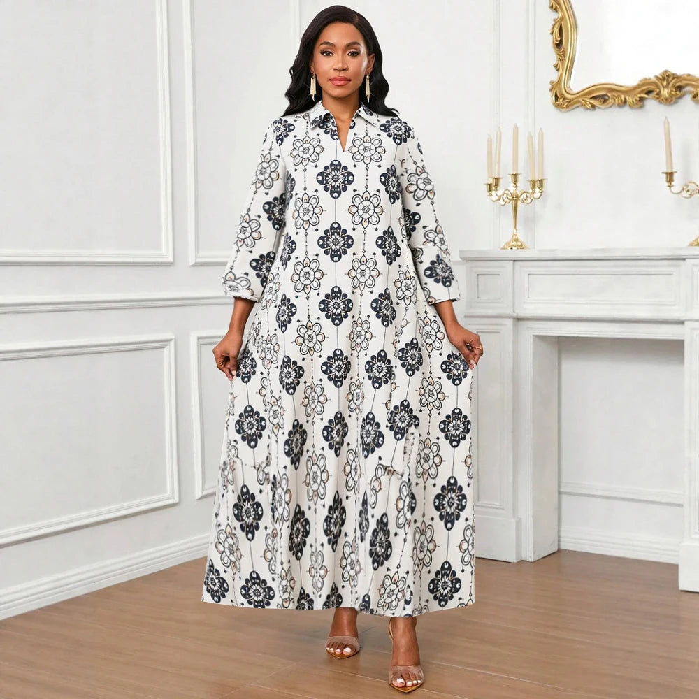 Rafiah Women's Summer Long Dress 2025 Arabian Dress Elegant V-Neck Long Sleeve A-Line Maxi Full Print Casual Dress