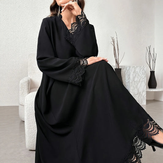 Rafiah Women's Dresses Autumn Winter Elegant Decent Fashion 2025 Plain Lace Long Sleeve V-Neck Maxi A Line Casual Dresses