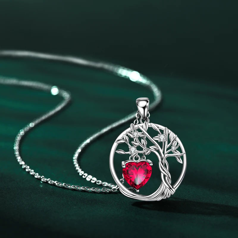 Lnngy 925 Sterling Silver Tree of Life Circle Pendant Necklace Colorful Birthday Stone Necklaces Jewelry for Women Daily Gift