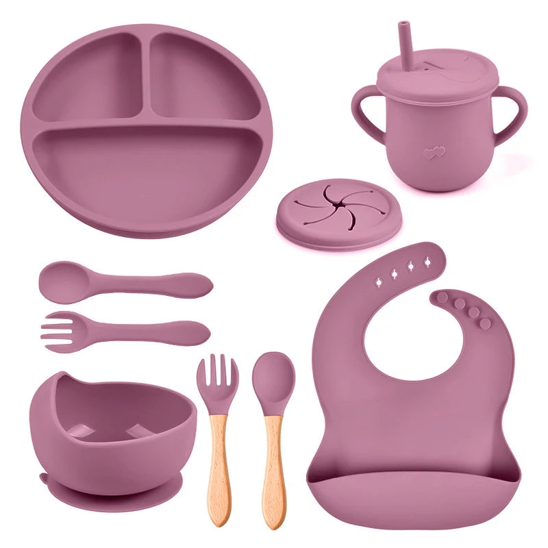 Mother Kids 8PCS Baby Silicone Feeding Set Bibs Sucker Dinner Plate Antislip Bowl Spoon Cup Children's Tableware Baby Stuff
