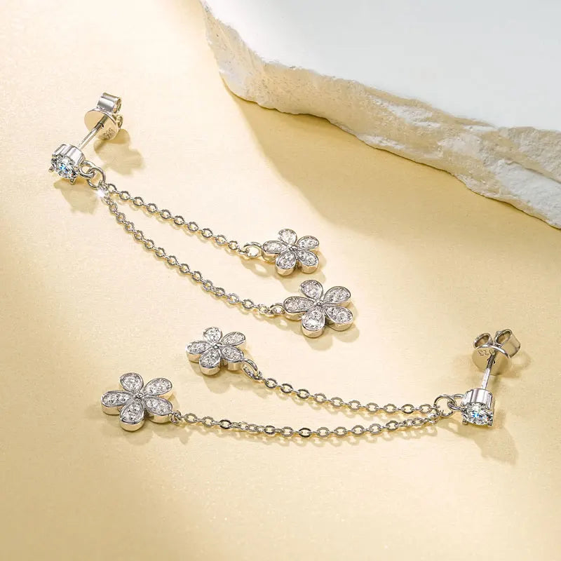 Lnngy Certified D0.30CT Moissanite Flower Earring With GRA Genuine 925 Sterling Silver Tassel Earring For Women Chain Jewelry