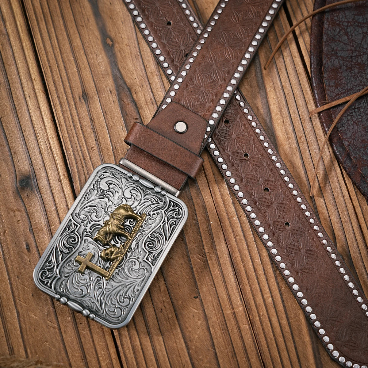 Men - Women - Western Denim - pu leather - Belt - Vintage jeans with needle buckle brown belt
