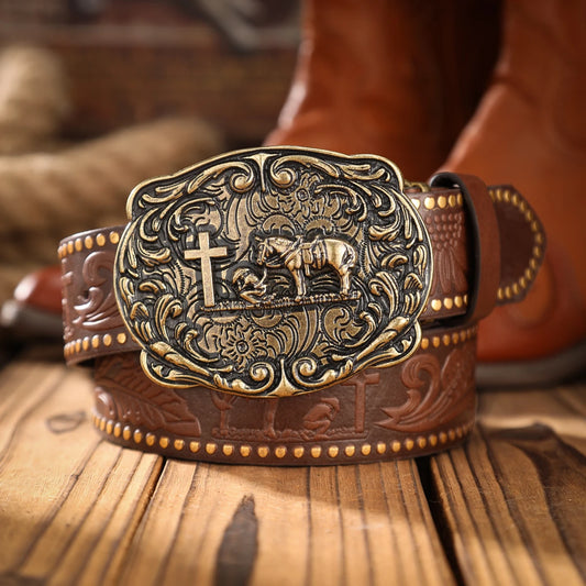 An alloy plate buckle PU material belt, suitable for both men and women, to create a personalized Western retro style