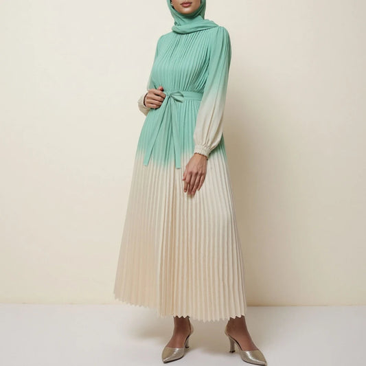 Rafiah Autumn Arabian Long Dress 2025 Fashion Basics Gradient Pleated Long Sleeve Crew Neck A-Line Dress For Women