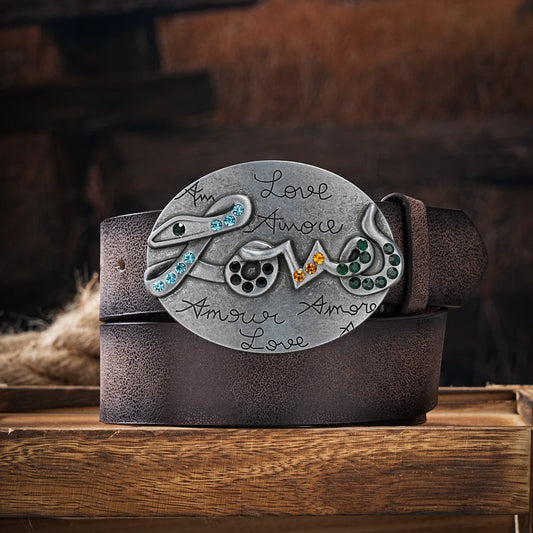Men & Women Vintage Western PU Leather Belt with Floral Engraved Buckle