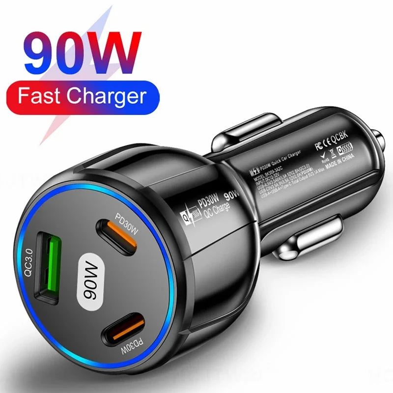90W Fast Charger 3 Ports PD USB Car Charging Mobile Phone Type-C Adapter Quick Charger in Car for iPhone 14 15 Pro/Max Samsung
