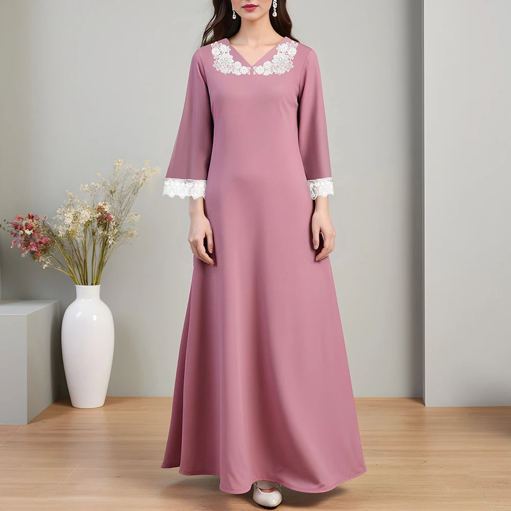 Rafiah Summer Women's Arabian Dresses 2025 Elegant Plain Floral Appliques Lace Long Sleeve V-Neck Ruffle Hem Long Dress