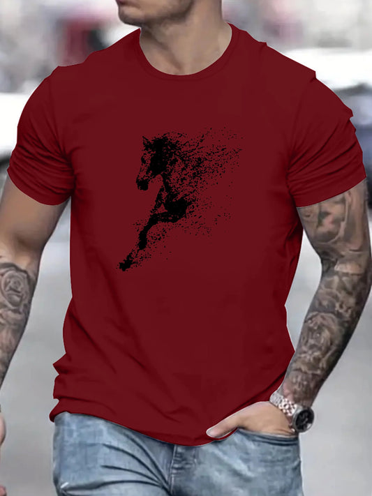 Men's Summer 100% Cotton Fashionable Casual Loose Large Black Horse Pattern Printed Round Neck Short Sleeve T-shirt Top