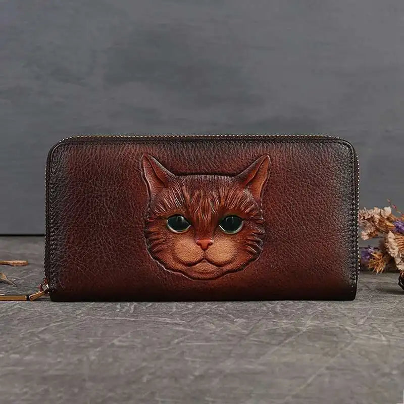 MOTAORA Genuine Cowhide Leather Women's Long Wallet with Retro Cat Print, Multi Card Slots, ID/Credit Card Holder Cash Organizer