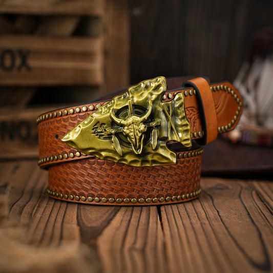 Men - Women - Western Denim - pu leather - Belt - Vintage jeans with floral carved buckle belt