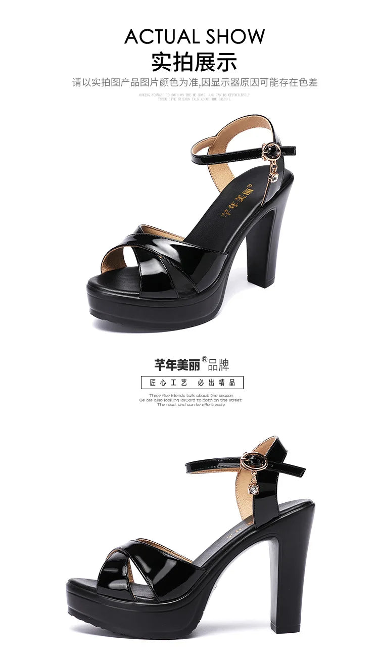 Women’s High Heel Summer Leather Sandals – 10 cm Spike Heel with Platform, Open Toe