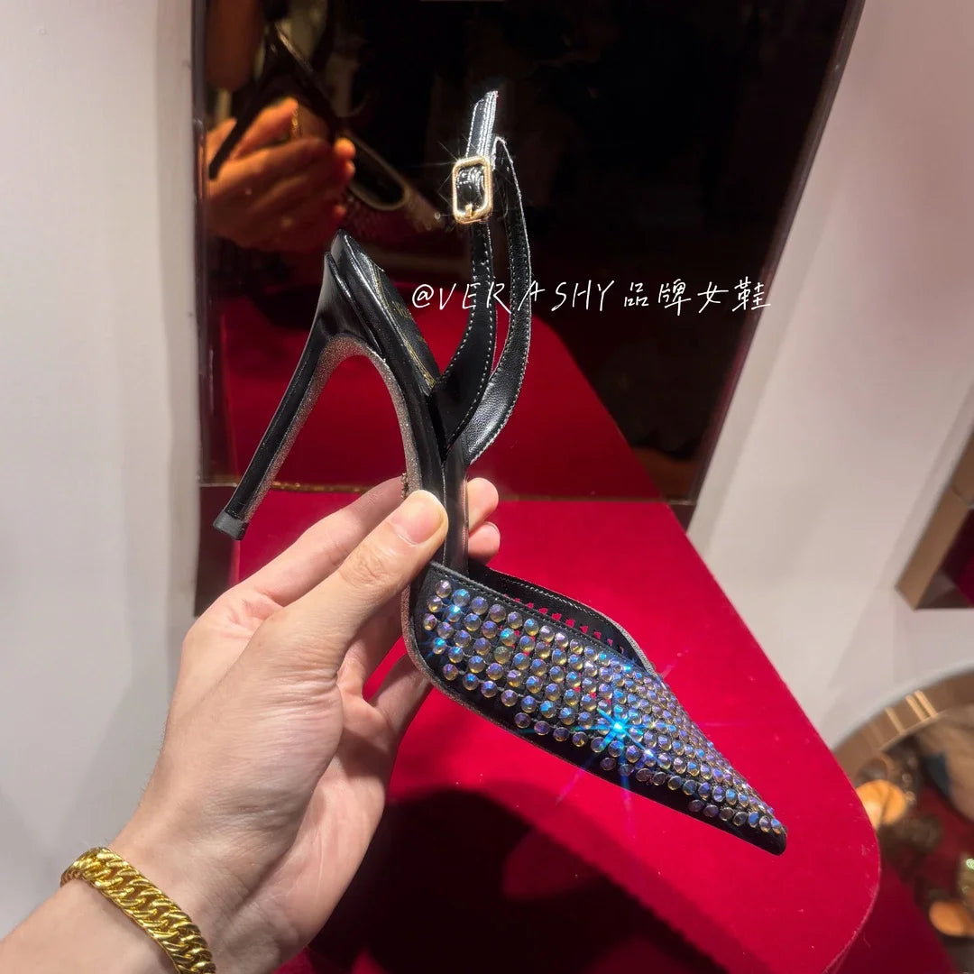 Luxury Rhinestones Sequined Buckle Women Pumps Elegant Pointed toe Slingbacks Stiletto High heels Spring Summer Fashion Shoes