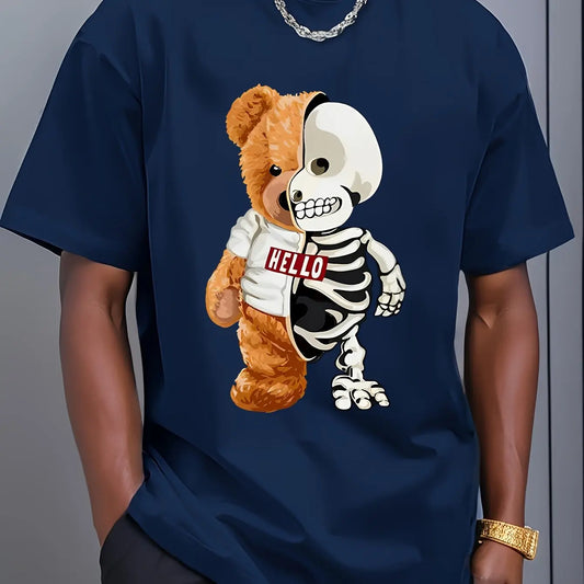 Men's 100% Cotton Casual Sports Skull Bear Printed Short Sleeve T-Shirt