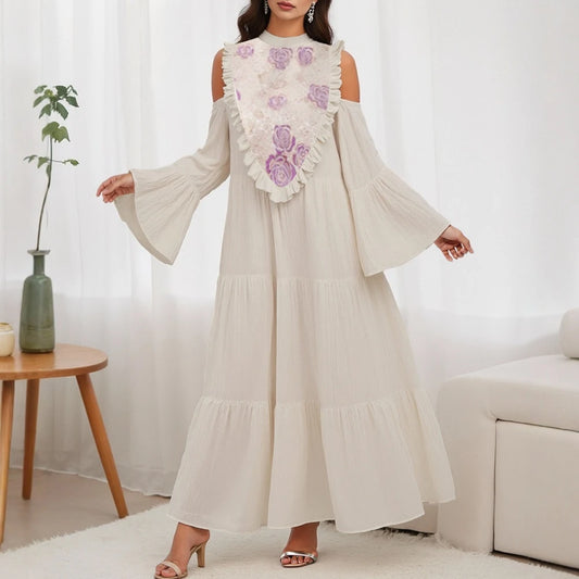 Rafiah Autumn Arabian Long Dress 2025 Cute Chic Flounce Floral Flare Sleeve Mock Neck A-Line Long Dress For Women