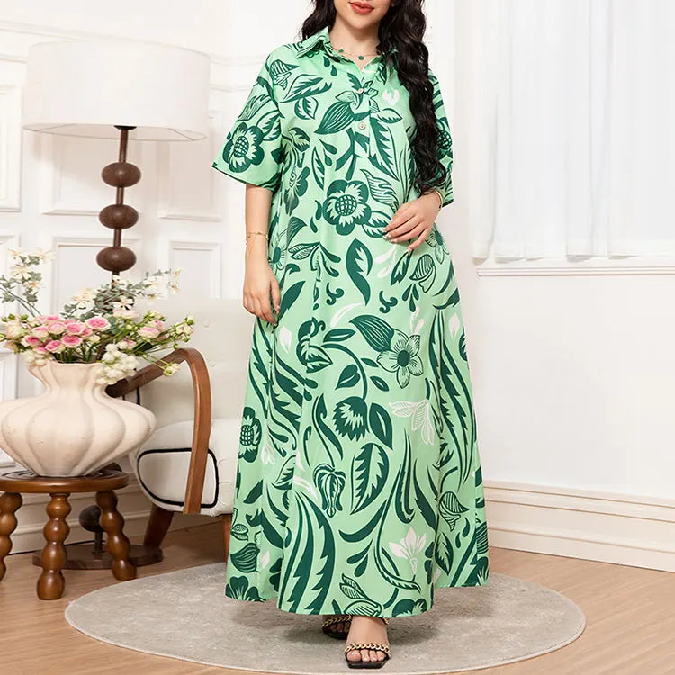 Rafiah Women's Dresses Summer Elegant 2025 Floral Opulent Short Sleeve Shirt Collar A-Line Midi Vacation Long Dresses