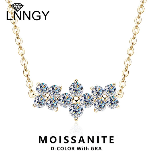 Lnngy 925 Sterling Silver Elegant Four-Leaf Clover Pendant Necklace 3mm&2.5mm Round Moissanite Necklaces for Women Jewelry Gift