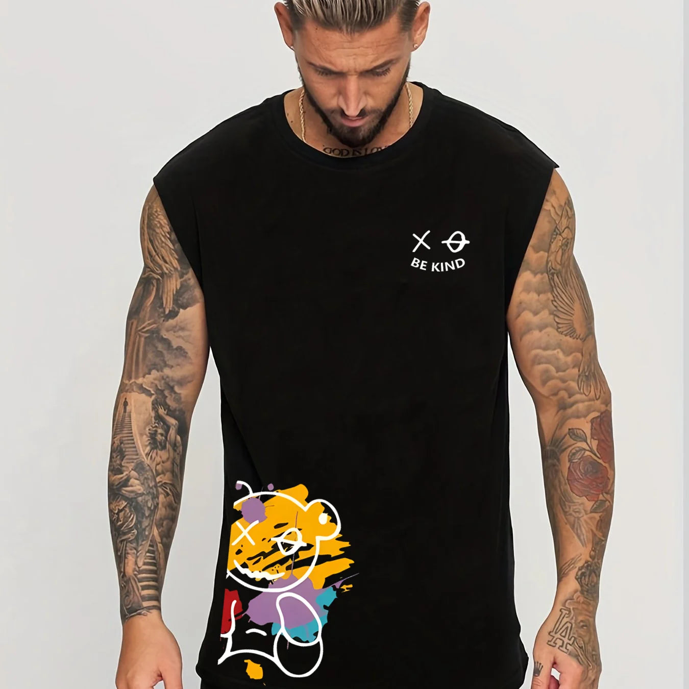 🐻 Men’s Summer Sleeveless Tank Top,Cartoon Bear Print BE Kind| Loose Fit | Comfortable & Breathable | Leisure & Fitness