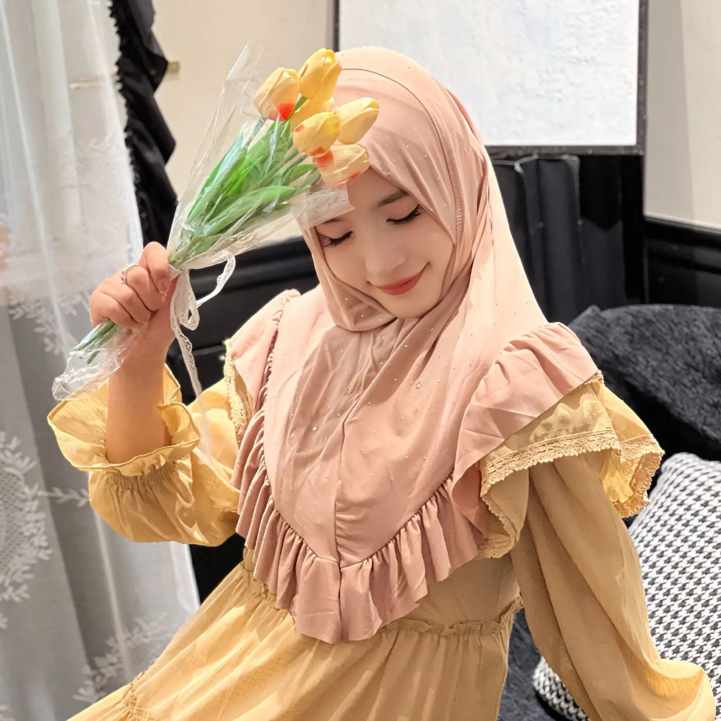 Eid Muslim Ruffles Khimar Women Instant Scarf Hijab Islamic Prayer Headwraps Shawl One Piece Amira Turban Arab Pull On Headscarf