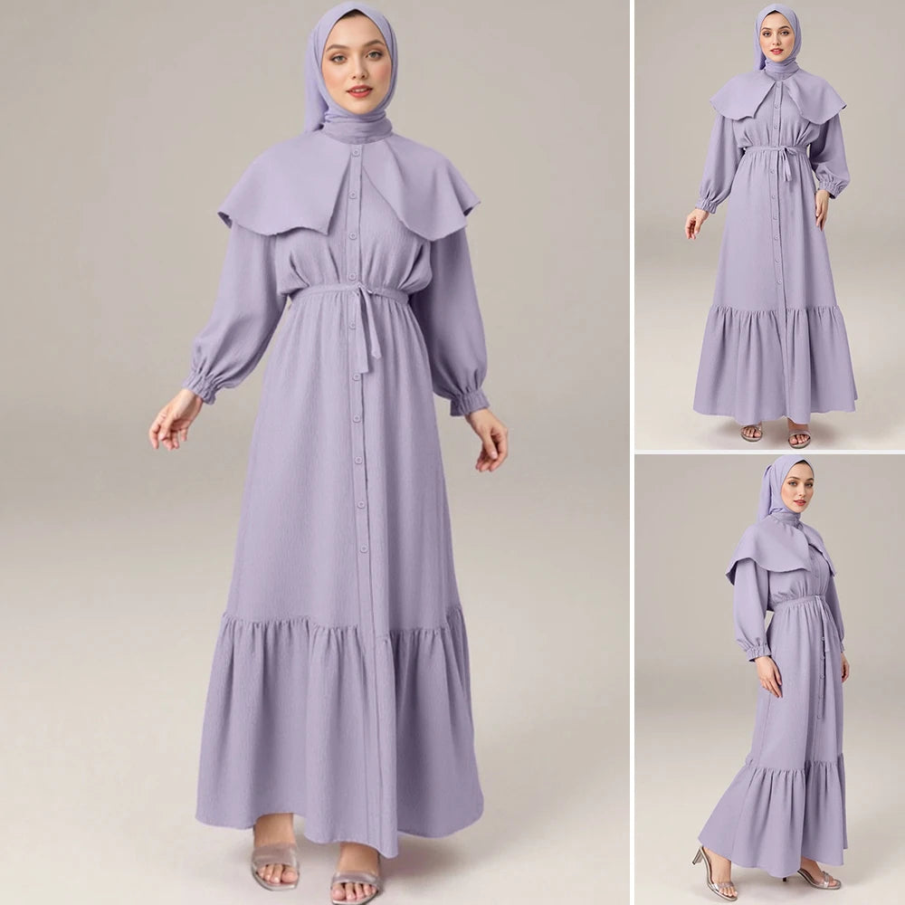Rafiah Summer Long Dresses 2025 Traditional Solid Color Single Breasted Long Sleeve Crew Neck Midi Casual Dresses For Women