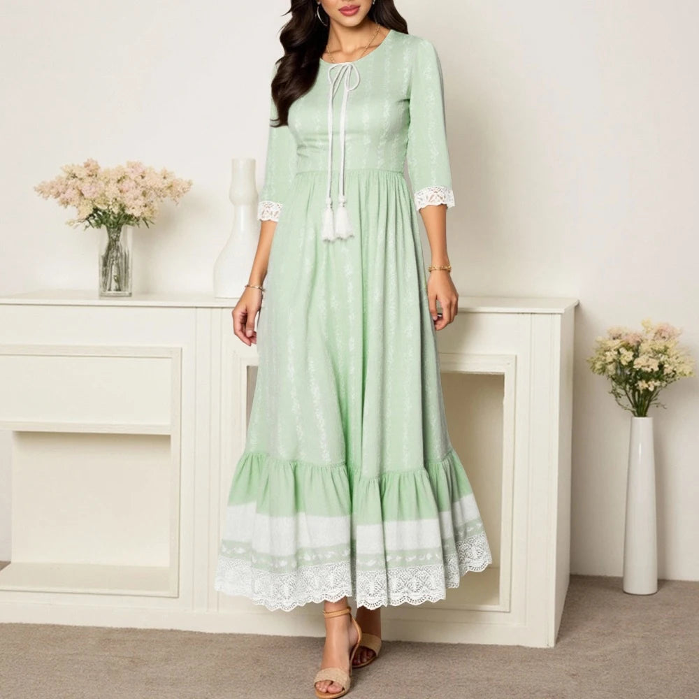 Rafiah Women's Summer Arabian Dress Loose Fit Comfortable Lace Shirring Lace-Up 3/4 Sleeve Crew Neck Midi Casual Arabian Dress