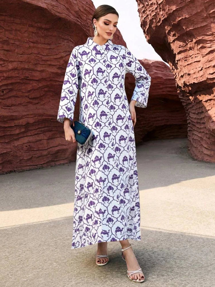 Rafiah Women's Summer Arabian Dress Mature Vibe Full Print Long Sleeve Shirt Collar Loose Fit Loose Fit Long Dresses 2025