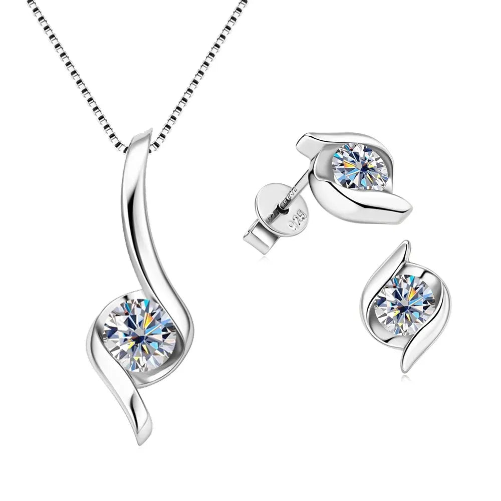 Sterling Silver 925 Real Moissanite Jewelry Set for Women 2.0ctw D Color Lab Diamond Stud Earrings Pendant Necklace Sets Gift