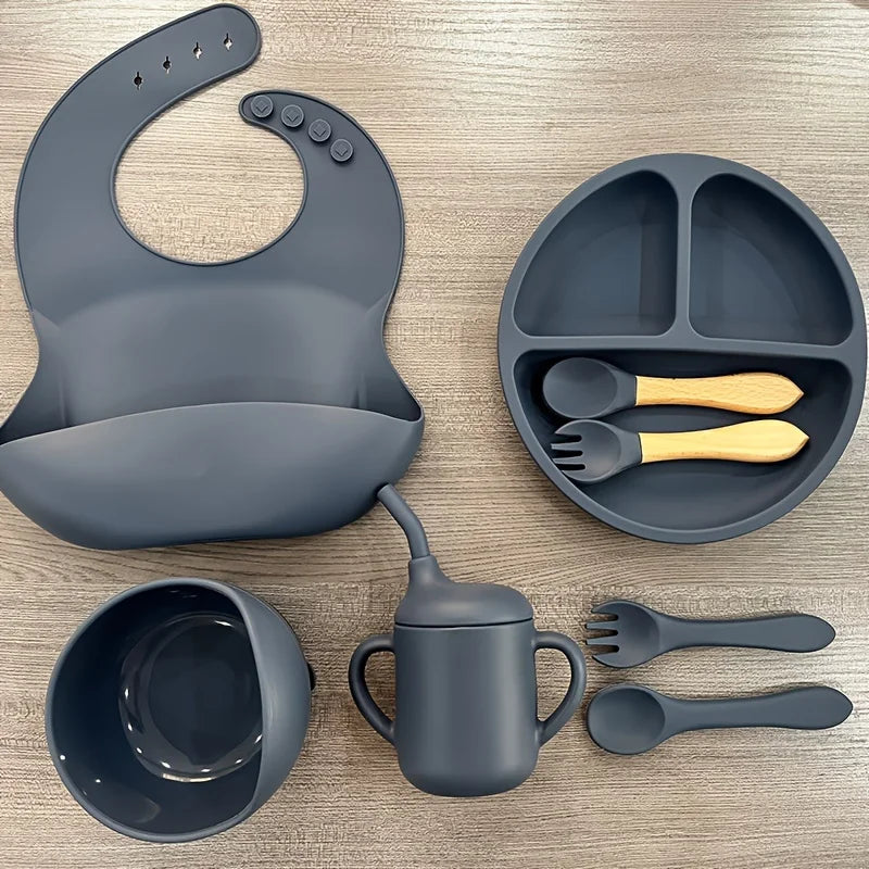 Silicone Baby Feeding Set Microwave Oven Safe for 0-3 Years Includes Suction Plate Soft Bowl Spoons Forks Bib Snack Cup