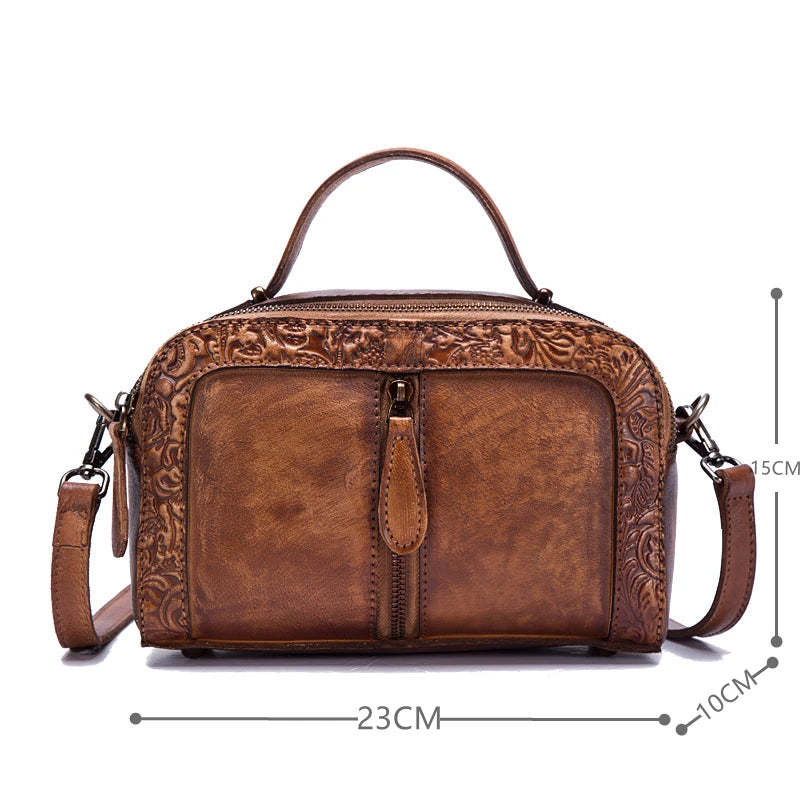 MOTAORA Genuine Leather Women Shoulder Bag Vintage Embossed Bags For Female Hand-painted Retro Crossbody Bag Ladies handbag