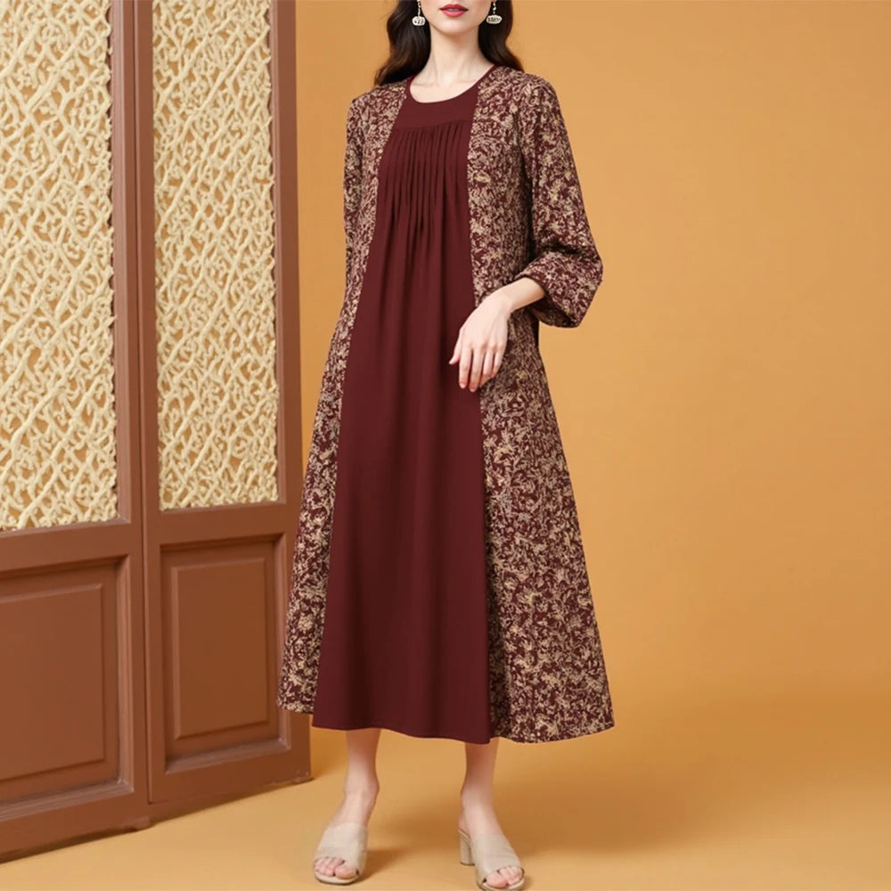 Rafiah Summer Arabian Dress 2025 Classic Patchwork Graphic Printing Long Sleeve Crew Neck Midi A-Line Long Dress For Women