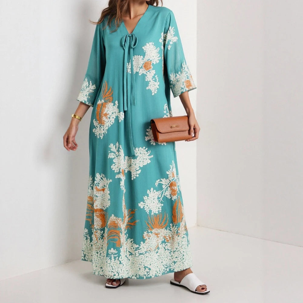 Rafiah Women's Dresses Summer Elegant 2025 Floral Opulent Long Sleeve V-Neck A-Line Midi Vacation Long Dresses