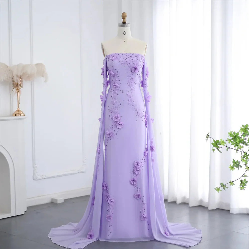 Mila Purple Off the Shoulder Sheath Party Dresses 3D Flower Long Sleeve Evening Dresses Beading Elegant Customized Prom Dresses