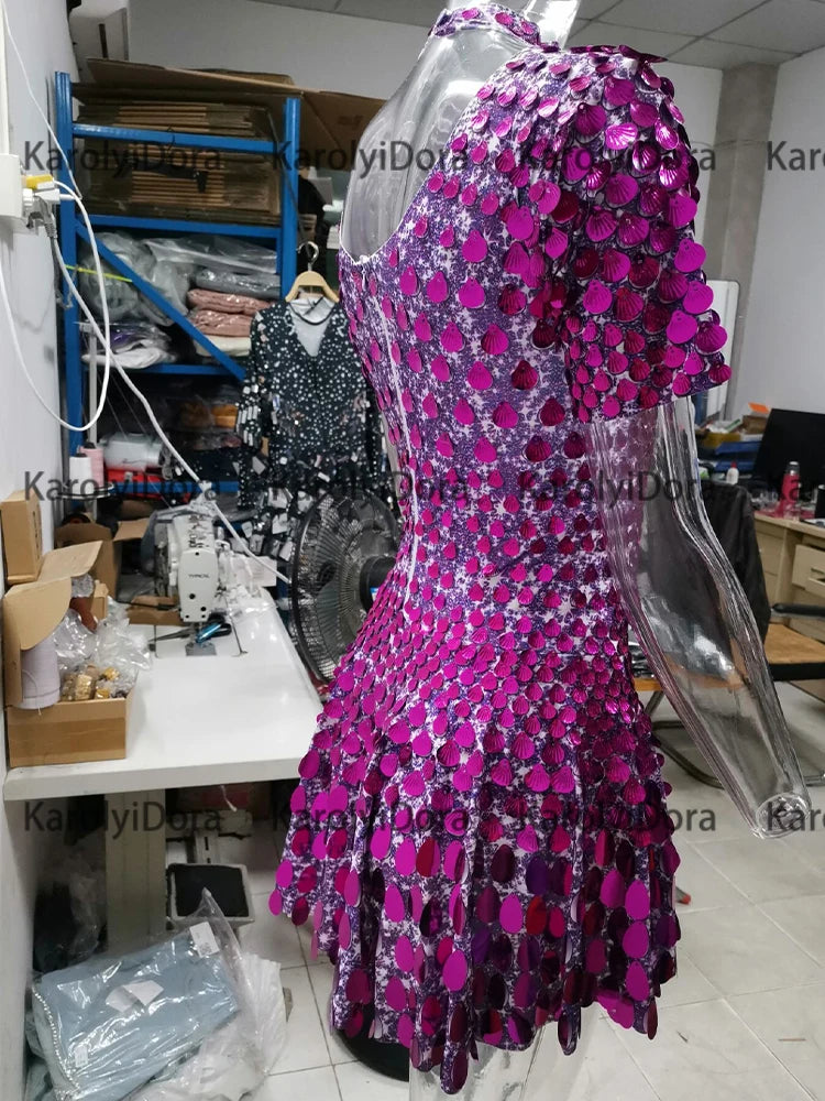 Sexy Black Shell Sequins Mini Dress Nightclub Dance High Quality Performance Clothing Bodysuit Birthday Red Dresses