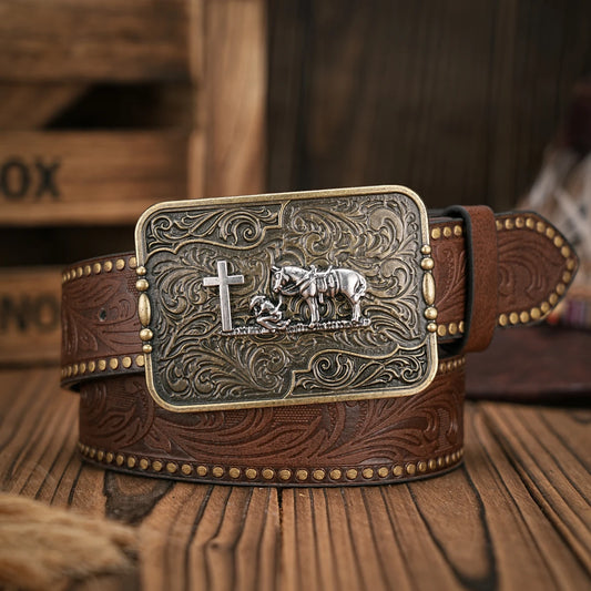 Vintage Style PU Leather Western Cowboy Belt with Classic Buckle - 3.8cm Wide, Durable and Stylish for Men and Women - Perfect f