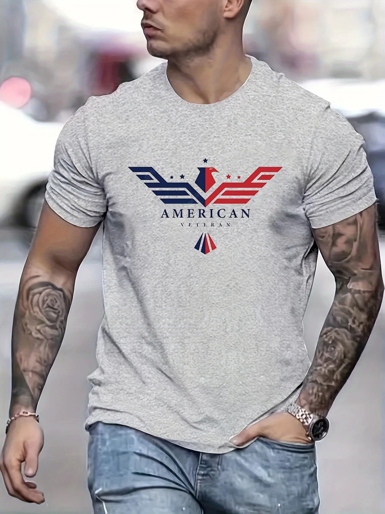 Men’s Summer 100% Cotton Bald Eagle USA Print T-Shirt