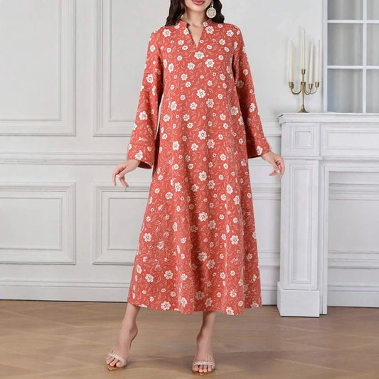 Rafiah Women's Arabian Dress Even Dress 2025 Summer Elegant Full Print Long Sleeve V-Neck Vacation Loose Fit Long Dress