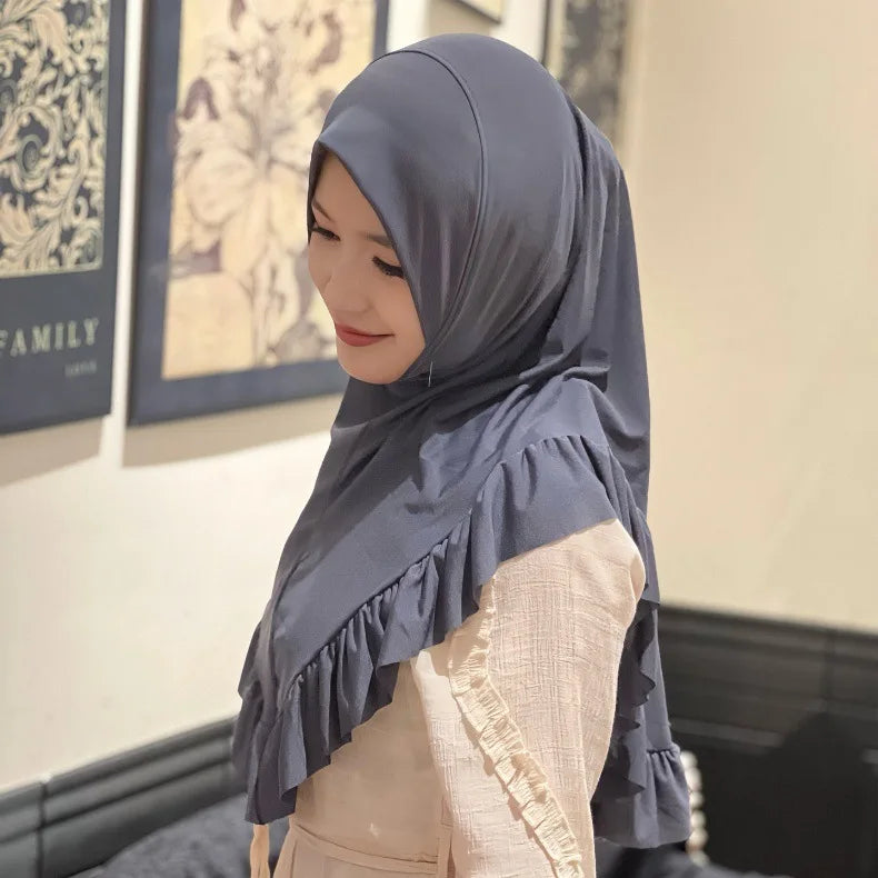 Muslim Hijab for Women Ruffle Turban Islamic Headwraps Arab Headband Big Khimar One Piece Scarf Shawl Solid Color