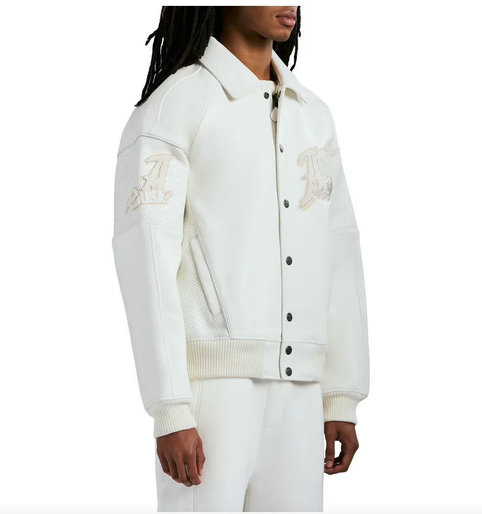 AVIREX Spring 2025 New ListingGold Club chenille embroidery100% antique European lamb leather jacket men's white leather coat