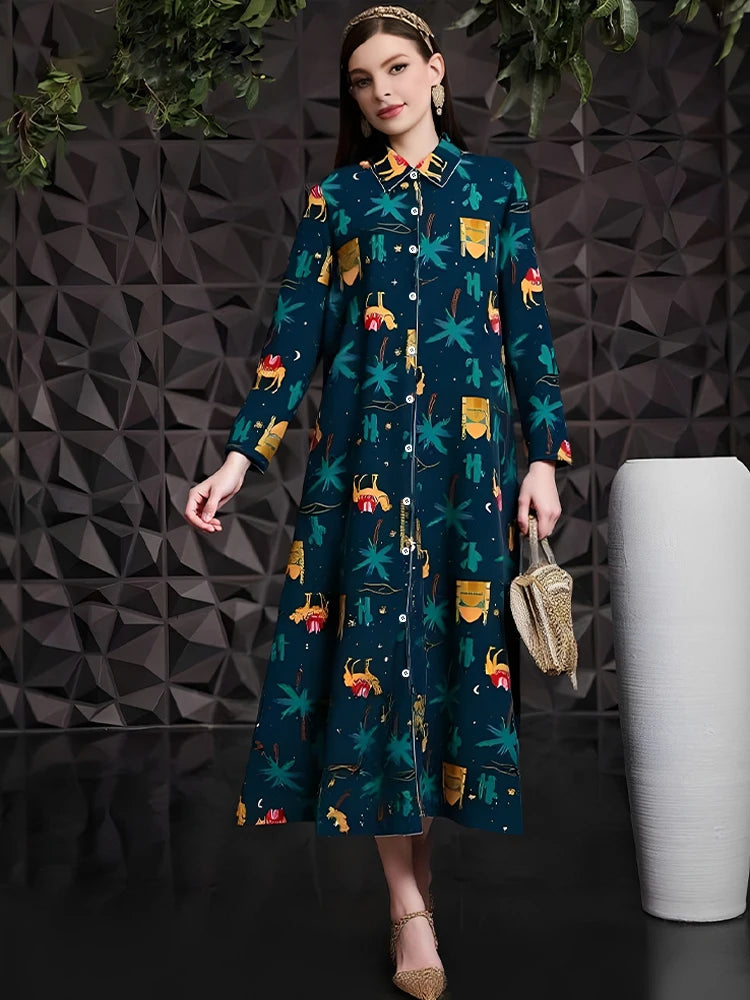 Rafiah Women's Dresses Summer Comfortable Elegant 2025 Cartoon Long Sleeve Shirt Collar A-Line Midi Vacation Long Dresses