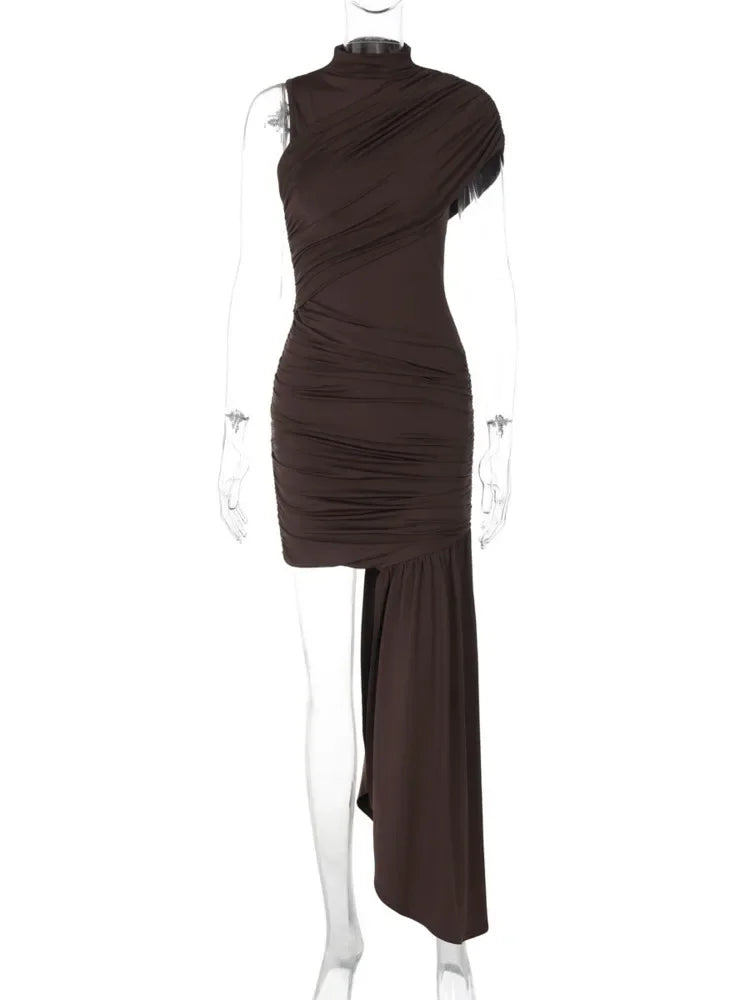 Women's Sleeveless Irregular Draped Ruched Bodycon Party Dress – Elegant Slim Fit, Floor-Length