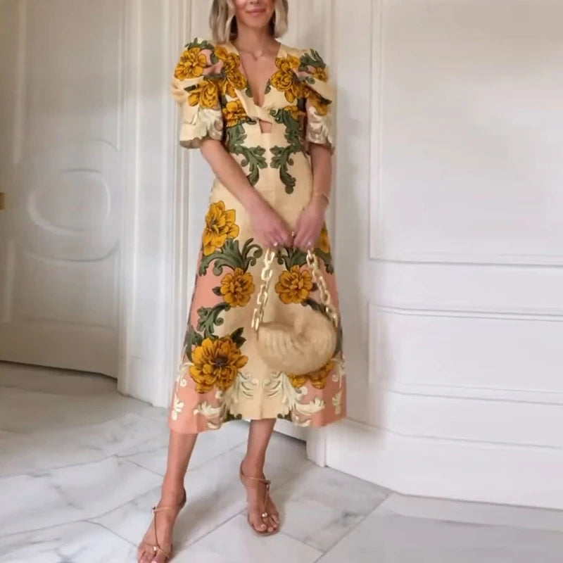 Summer V Neck Short Sleeve A-line Flower Printed Long Dress Women Beach Holiday Vestidos Boho Vintage Dresses Woman