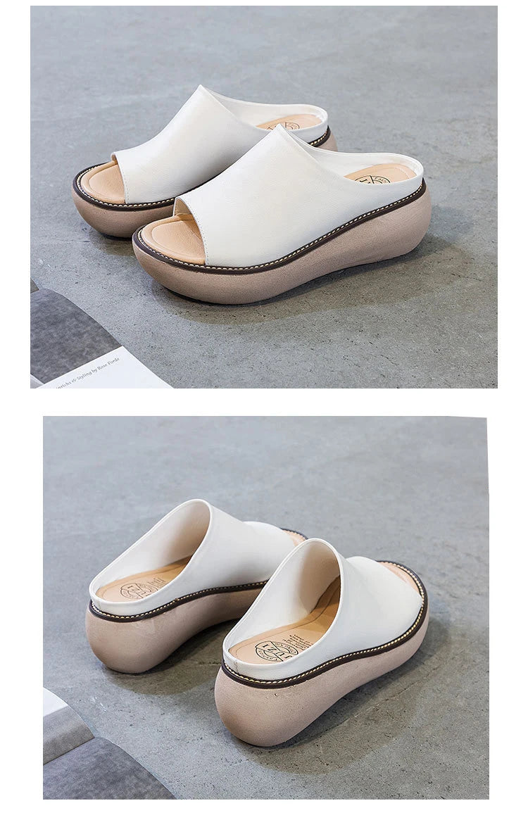 Women’s Genuine Leather Wedge Slippers – Handmade Summer Slides