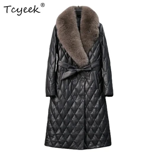 Tcyeek Winter Natural Fox Fur Collar Coat Mid-long Slim Sheepskin Coats Women Clothes Real Leather Down Jacket Lady Veste Femme