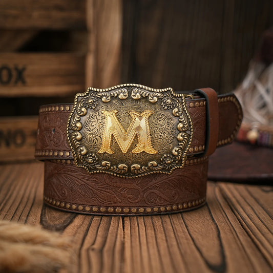 Vintage style PU Leather Western Denim Belt Classic Letter buckle - 3.8 cm wide, durable and stylish for men and women - perfect