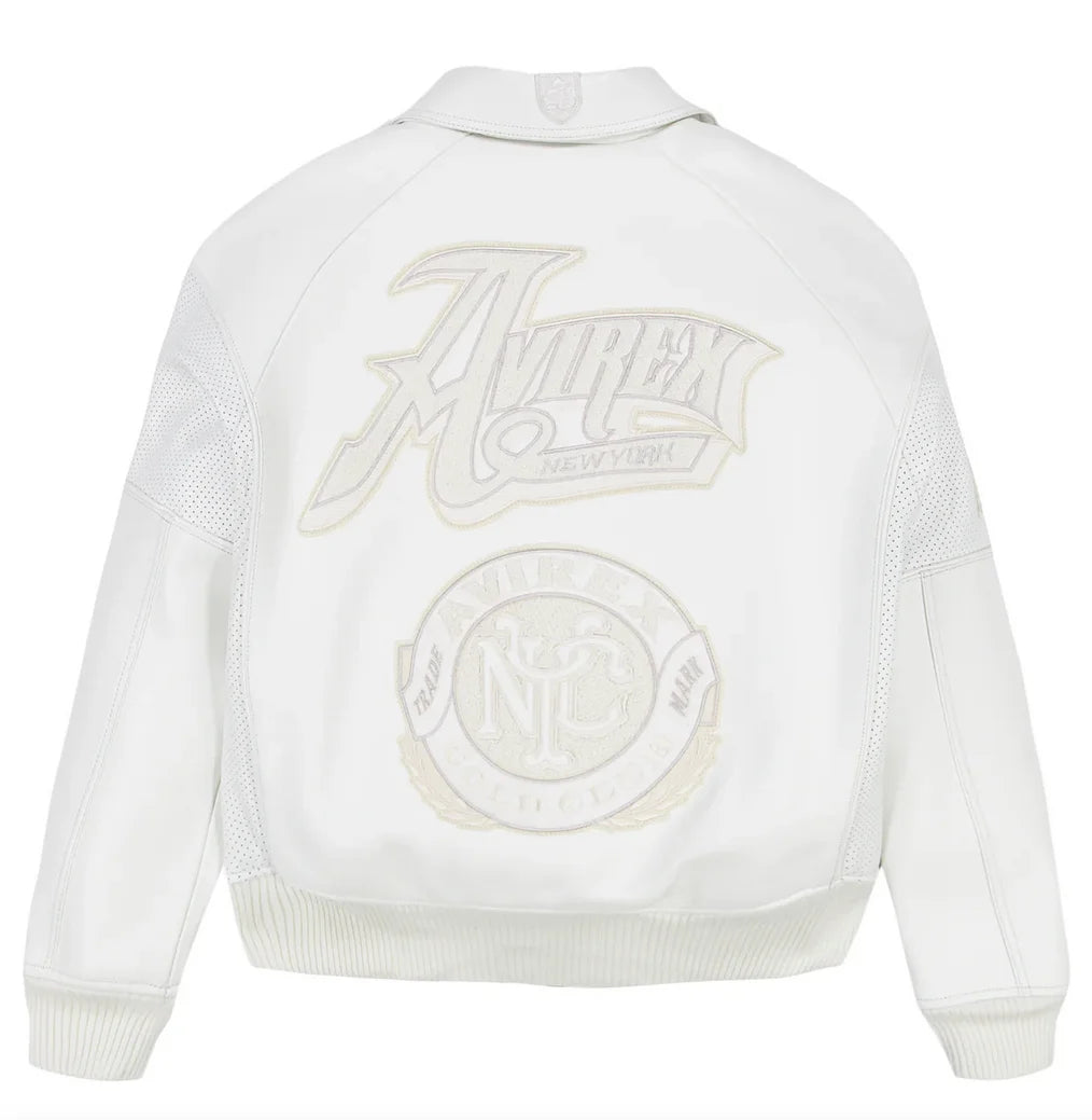 AVIREX Spring 2025 New ListingGold Club chenille embroidery100% antique European lamb leather jacket men's white leather coat