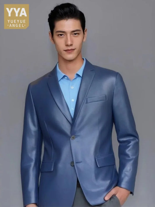 New Genuine Leather Suit Jacket Office Men Business Casual Solid Fashion Blazers Tops Spring Autumn Natural Sheepskin Coat Male